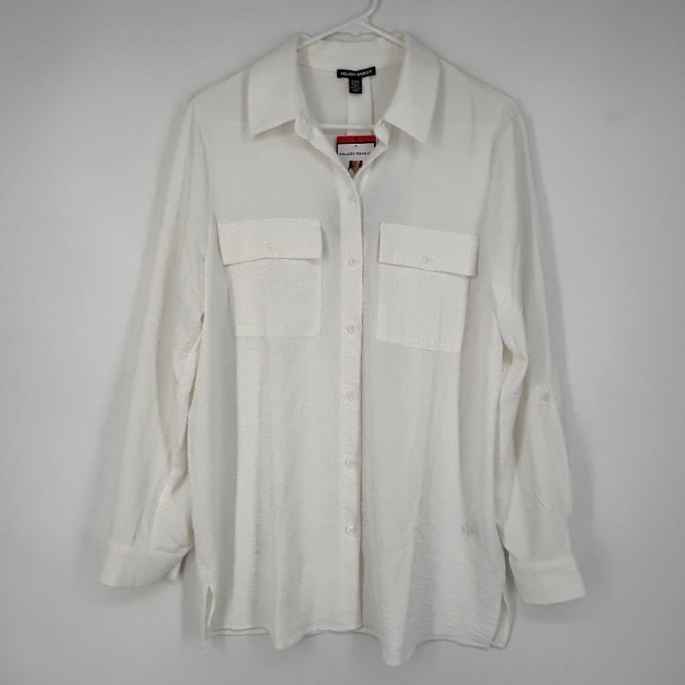 Hilary Radley Womens Medium Button Front Shirt Creamy White Crinkle Long Sleeves